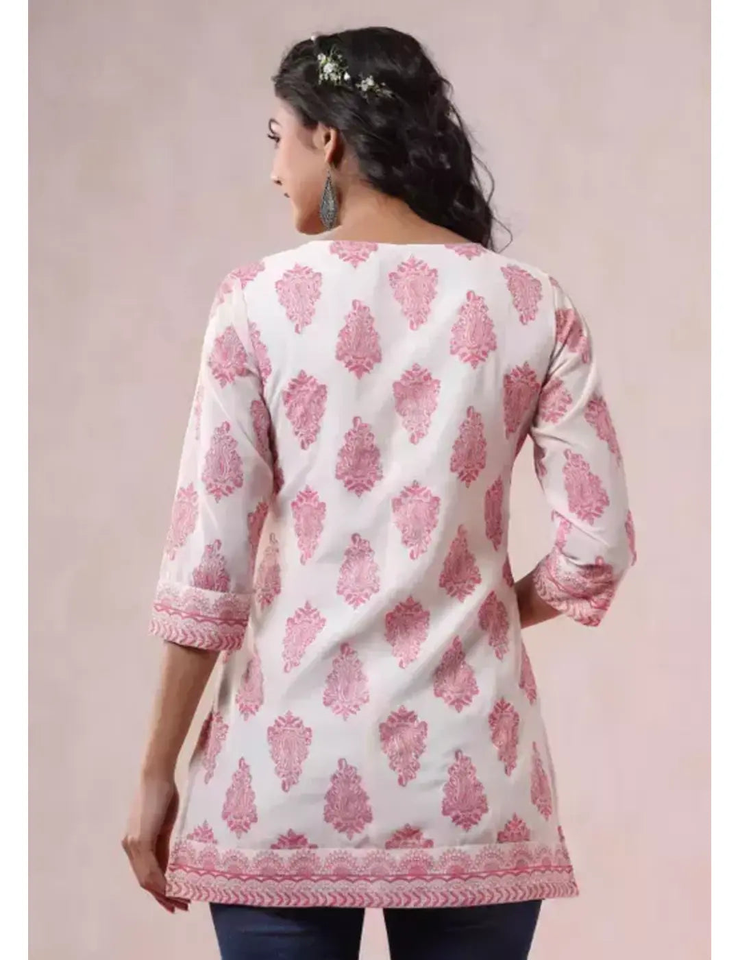 White & Pink Printed Short Kurti