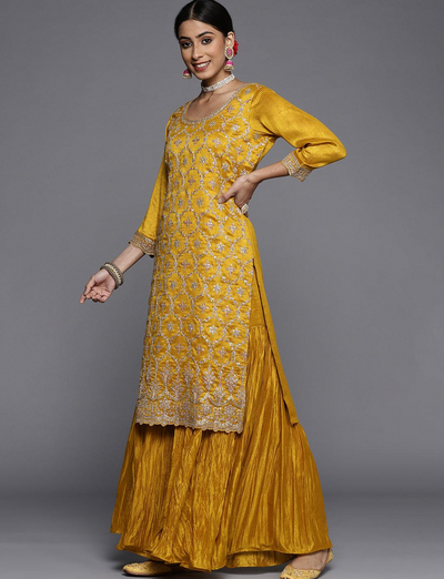 Mustard Embroidered Silk Suit