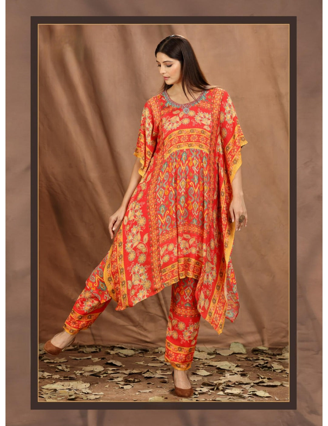 Orange Printed Chinnon Co-ords