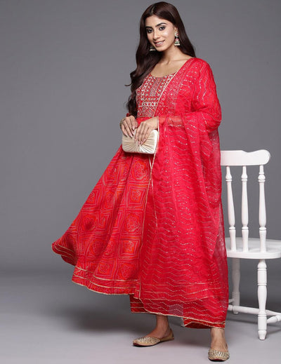 Orange Printed Anarkali Suit Set.