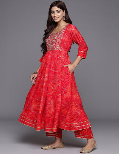 Orange Printed Anarkali Suit Set.