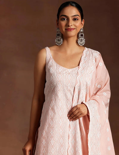 Peach Embroidered Cotton Straight Suit With Dupatta