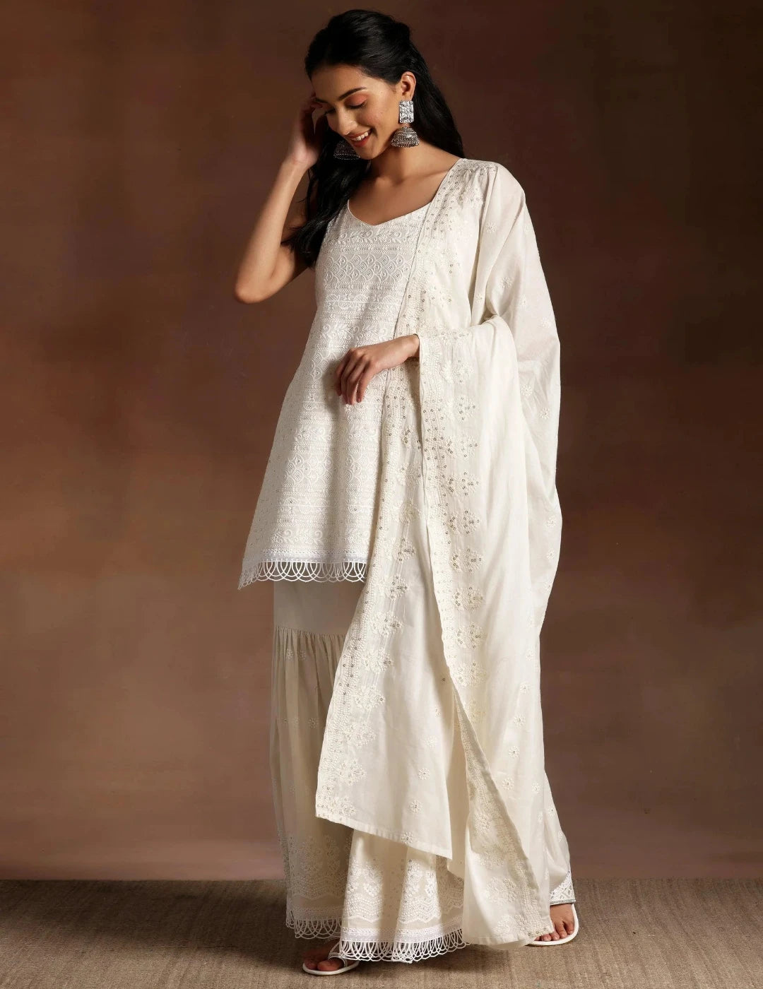 White Embroidered Cotton Straight Suit With Dupatta