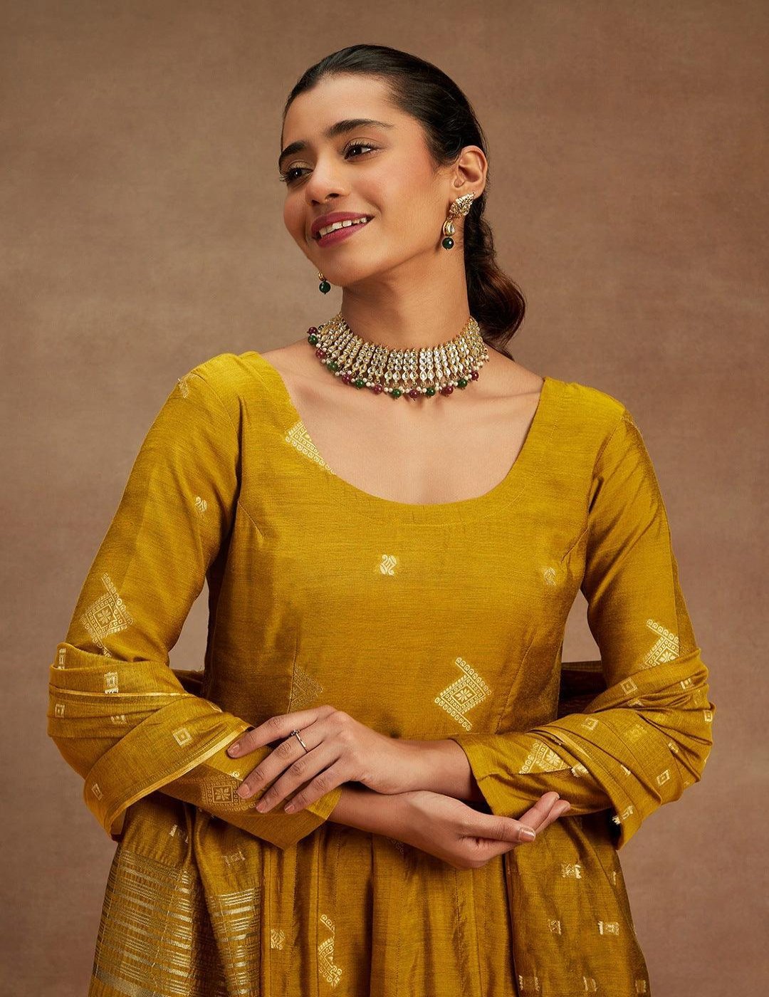 Mustard Chanderi Anarkali Set