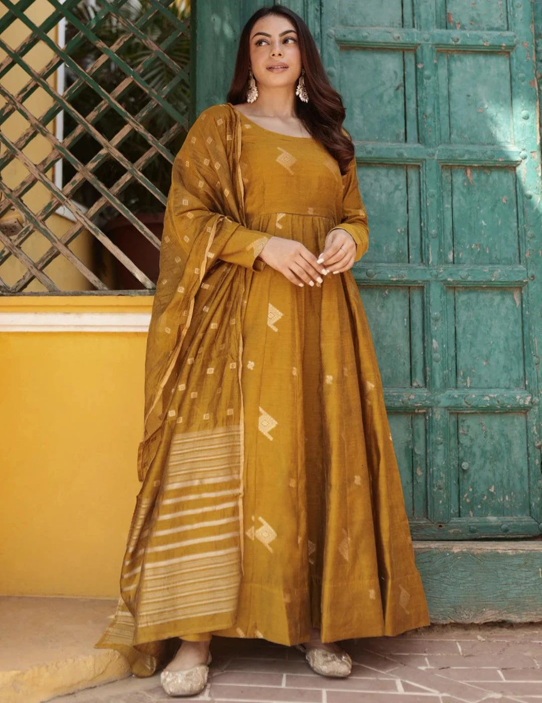 Mustard Chanderi Anarkali Set