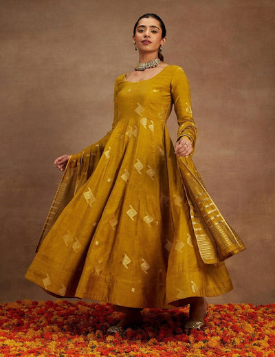 Mustard Chanderi Anarkali Set