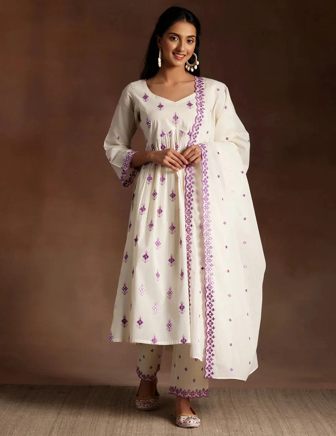 Off White Embroidered Cotton Anarkali Suit With Dupatta