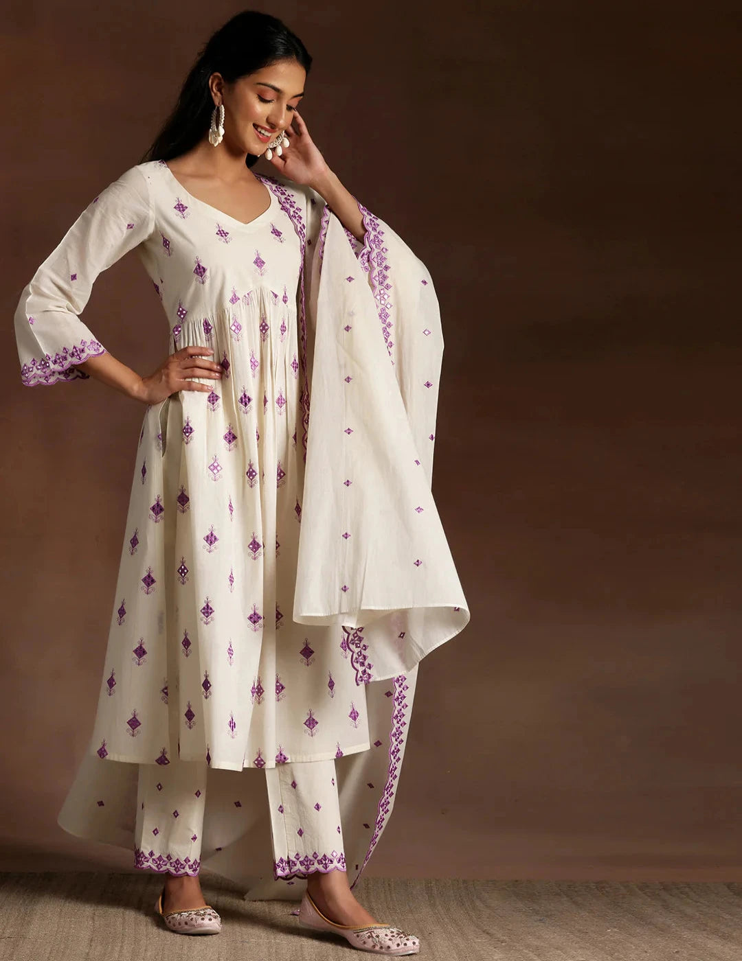 Off White Embroidered Cotton Anarkali Suit With Dupatta