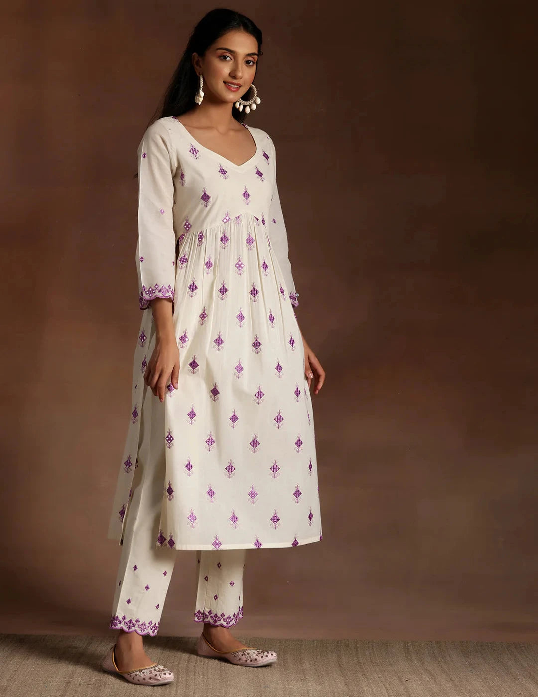 Off White Embroidered Cotton Anarkali Suit With Dupatta