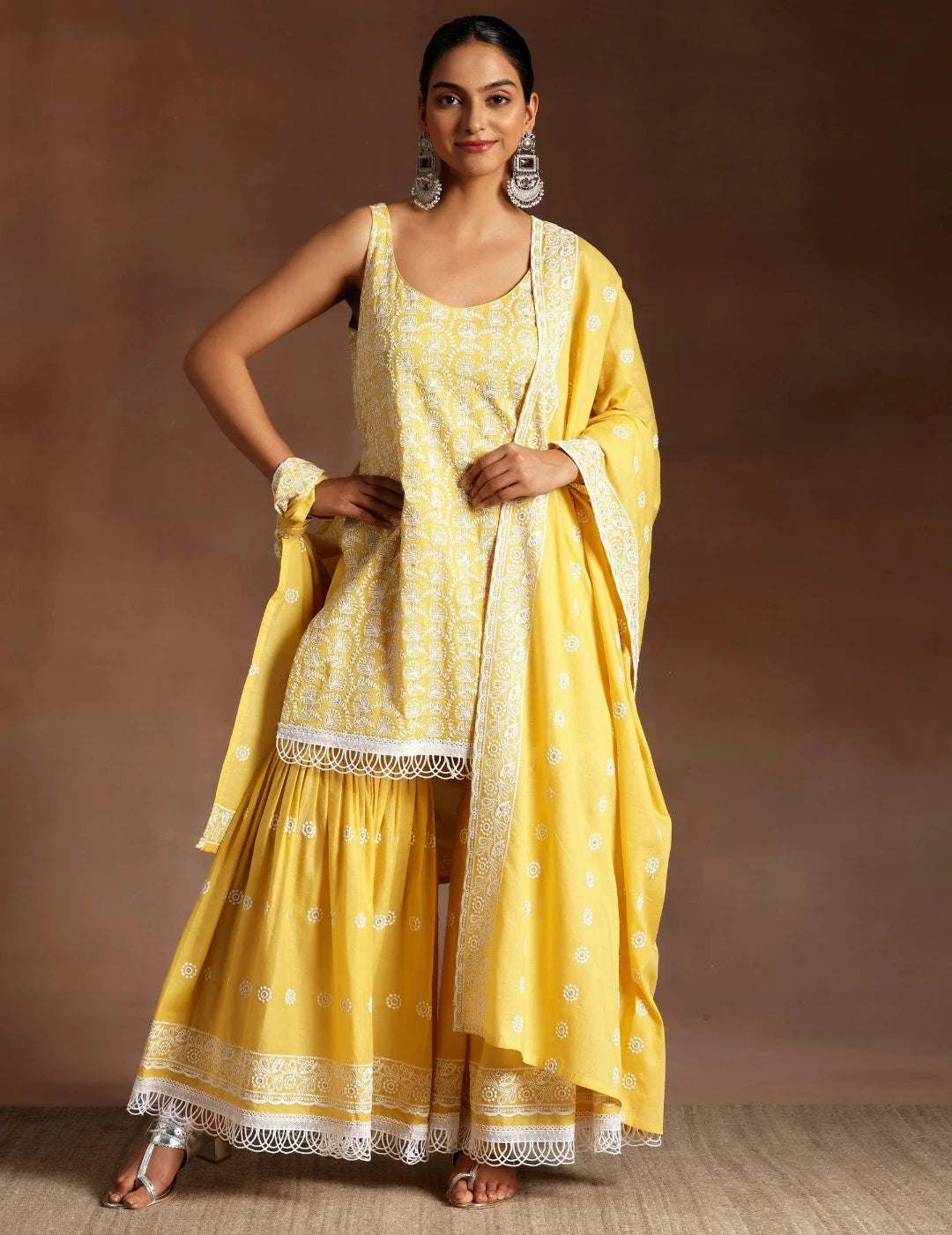 Mustard Embroidered Cotton Straight Suit With Dupatta