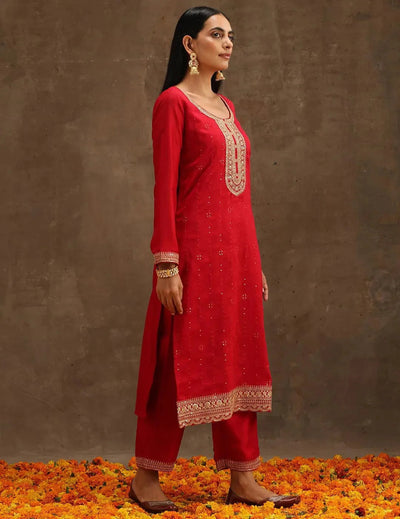 Pink Embroidered Silk Blend Straight Kurta Set