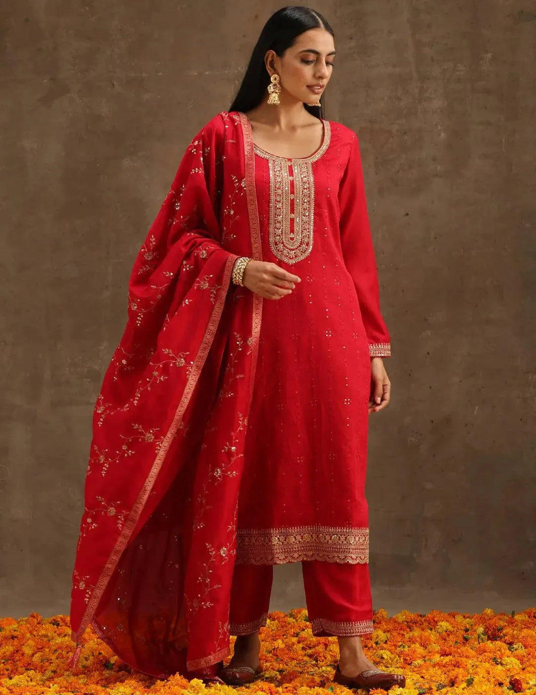 Pink Embroidered Silk Blend Straight Kurta Set