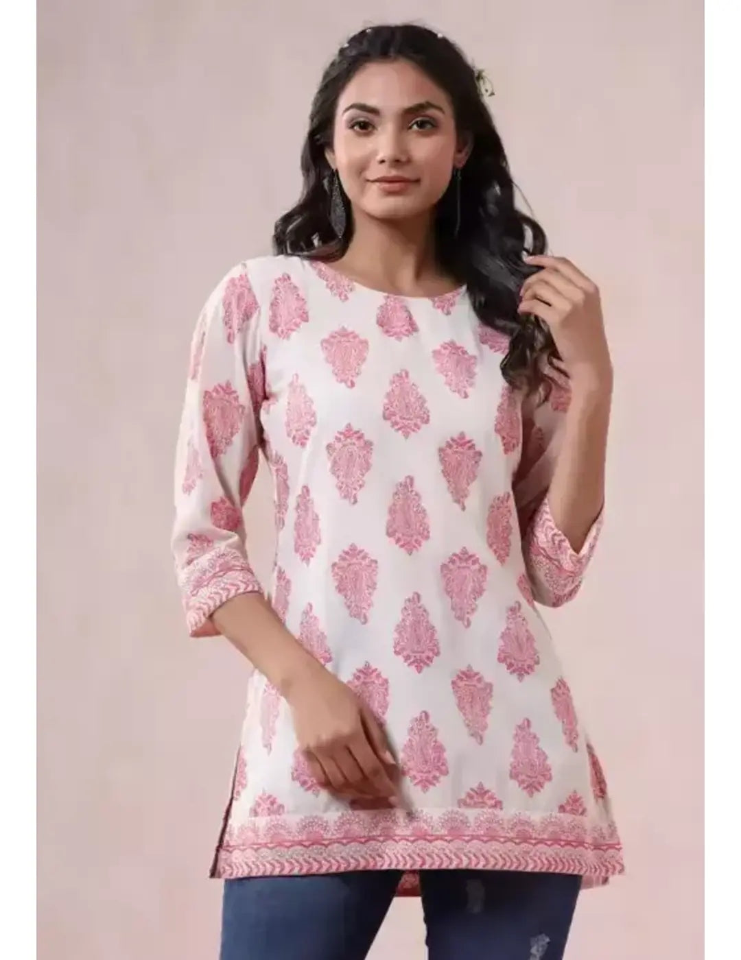 White & Pink Printed Short Kurti