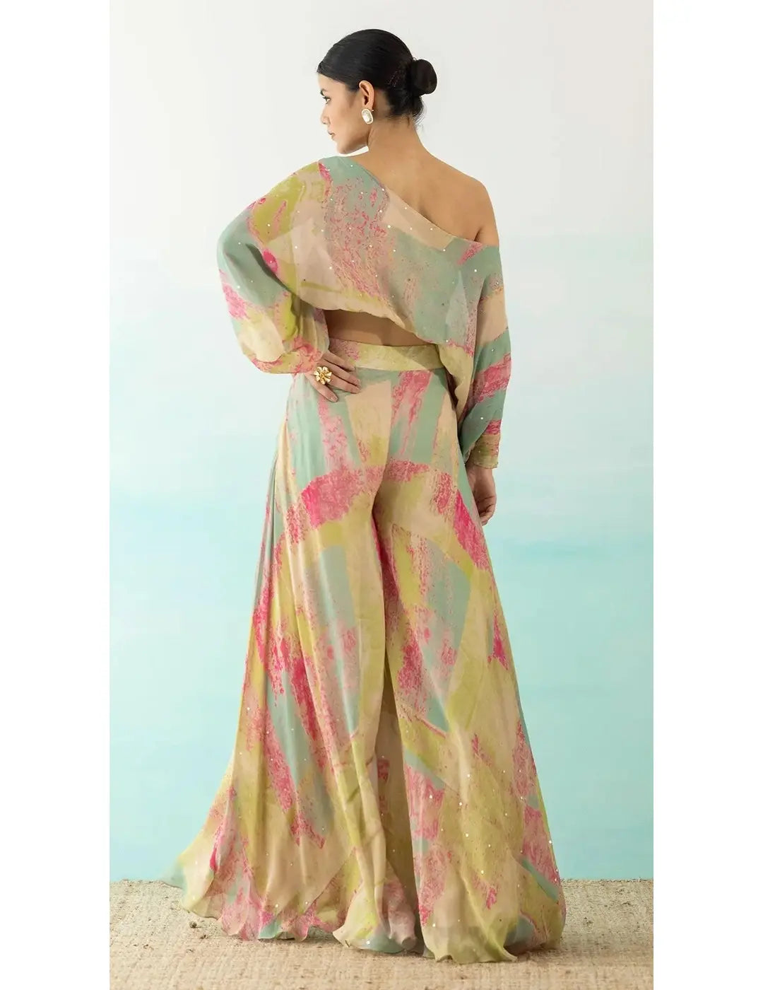 Multicolor One Shoulder Crop Top And Palazzo Set