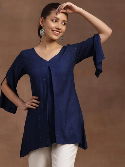 Blue Embellished A-Line Straight Kurti