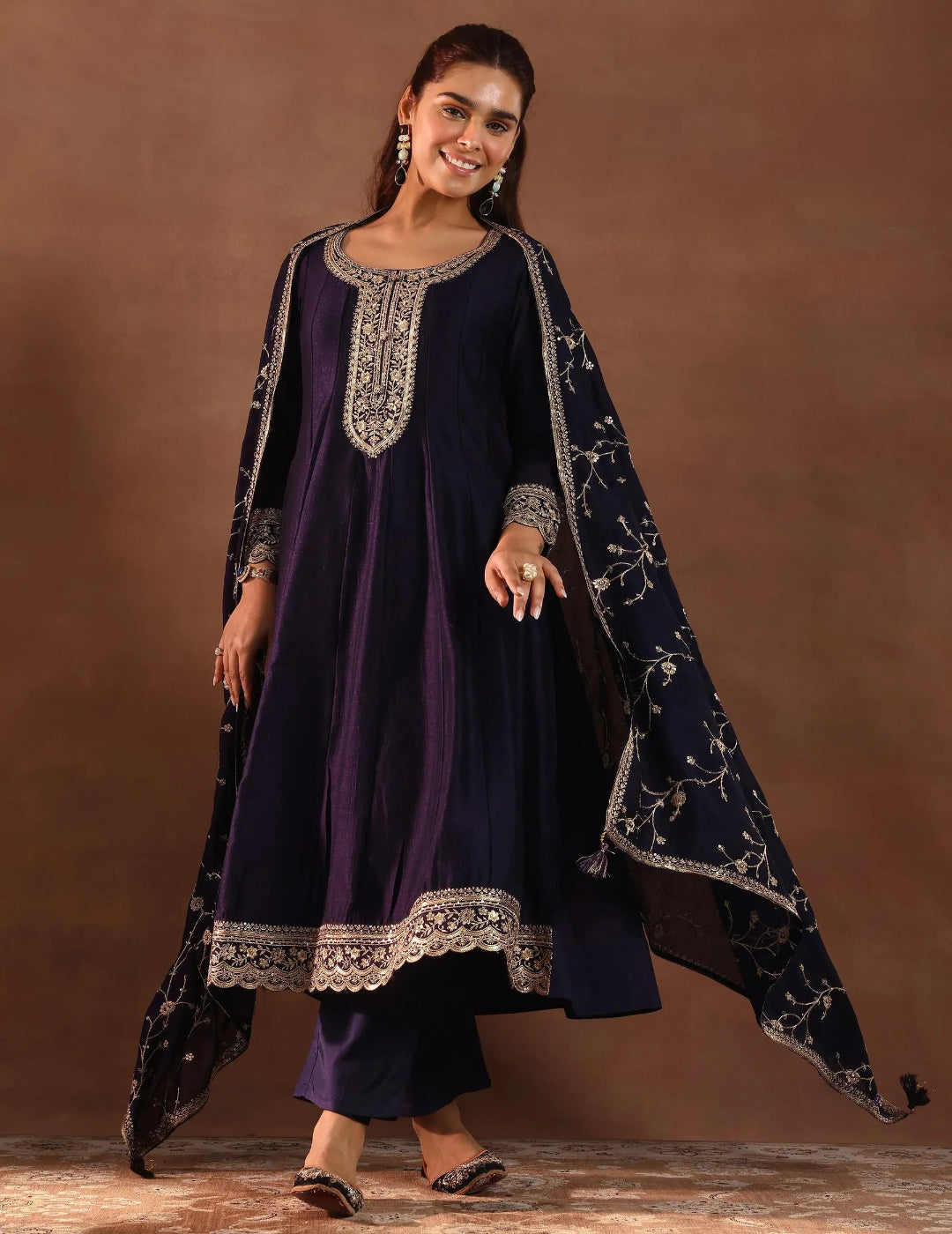 Purple Embroidered Silk Blend Anarkali Suit Set