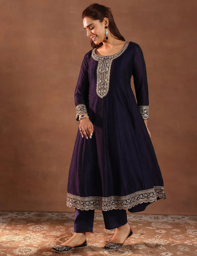 Purple Embroidered Silk Blend Anarkali Suit Set