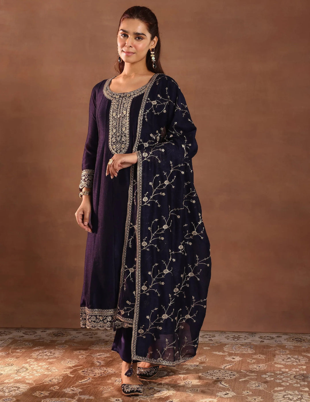 Purple Embroidered Silk Blend Anarkali Suit Set