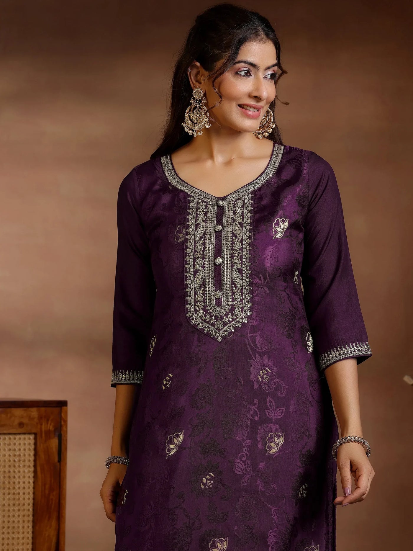 Wine Embroidered Silk Blend Straight Suit Set