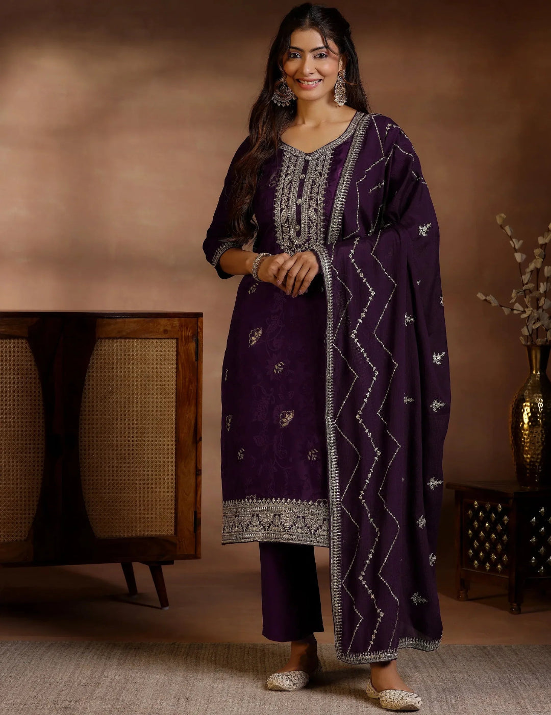 Wine Embroidered Silk Blend Straight Suit Set