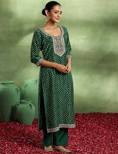 Green Printed Silk Blend Straight Suit Set