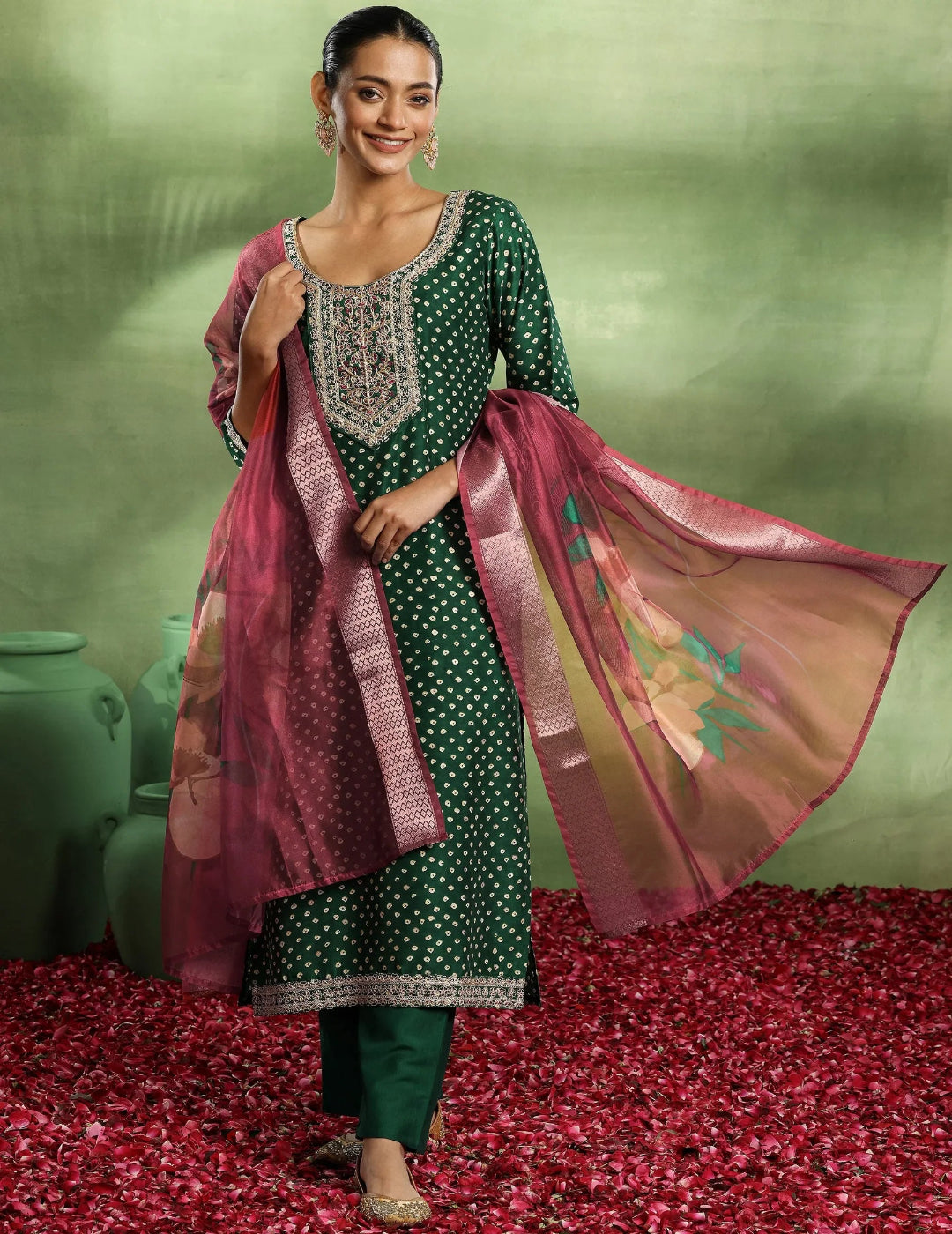 Green Printed Silk Blend Straight Suit Set