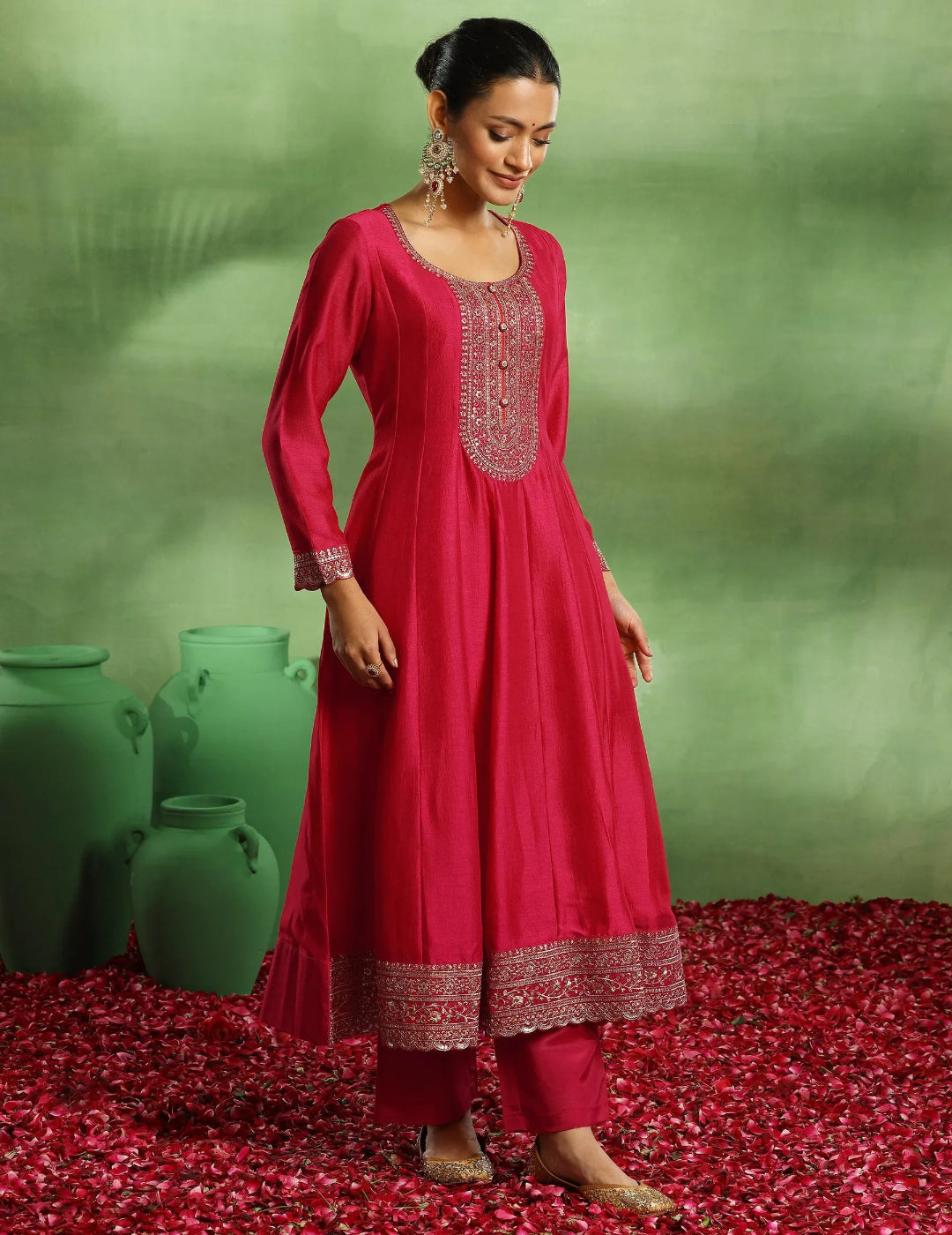 Pink Embroidered Silk Blend Anarkali Suit Set