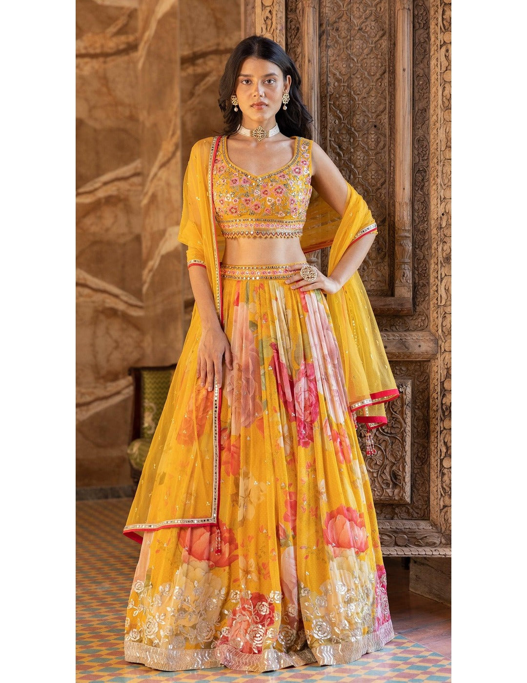 Yellow Sequin Printed Georgette Lehenga