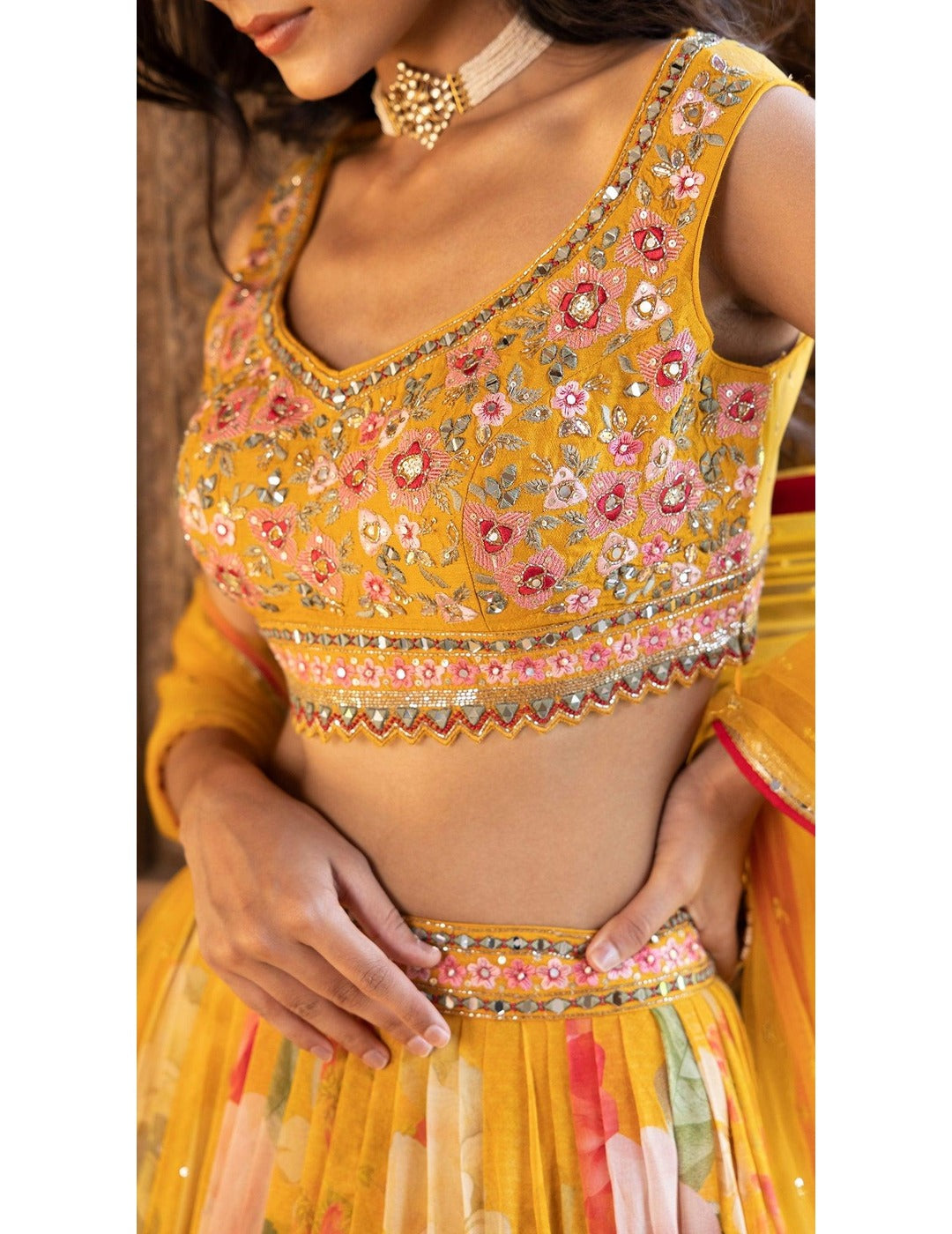 Yellow Sequin Printed Georgette Lehenga