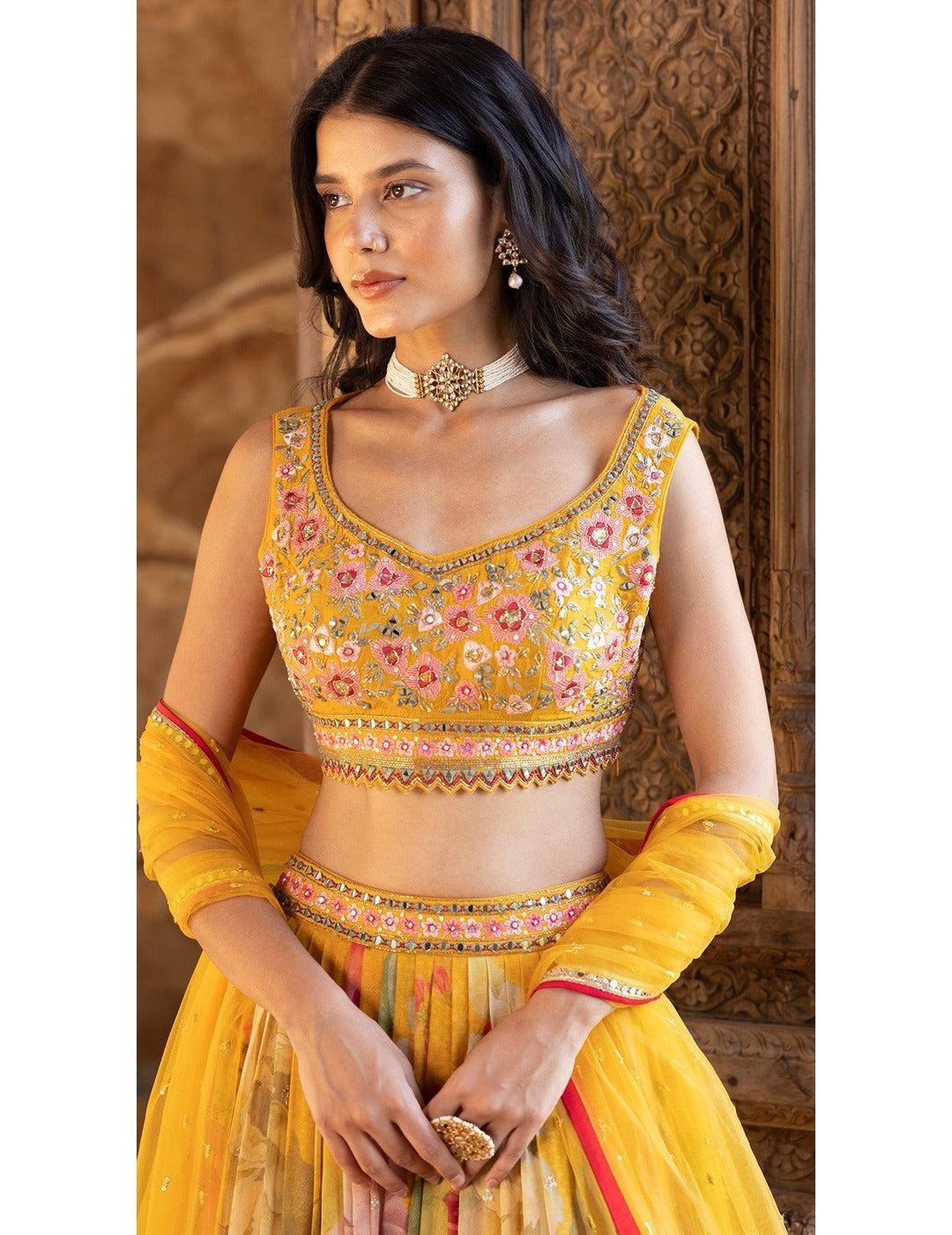 Yellow Sequin Printed Georgette Lehenga