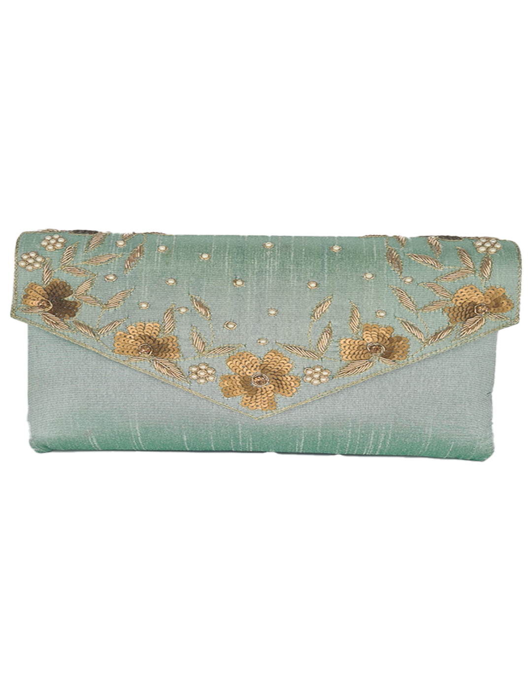 Green Clutch In Raw Silk With Zardozi Hand Embroidery