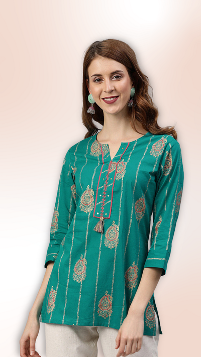 womens Green Printed Short Kurti