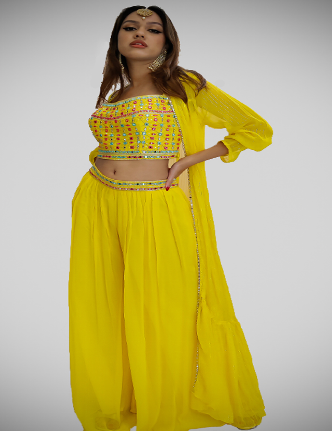 Yellow Mirror Work Sharara Set With Jacket