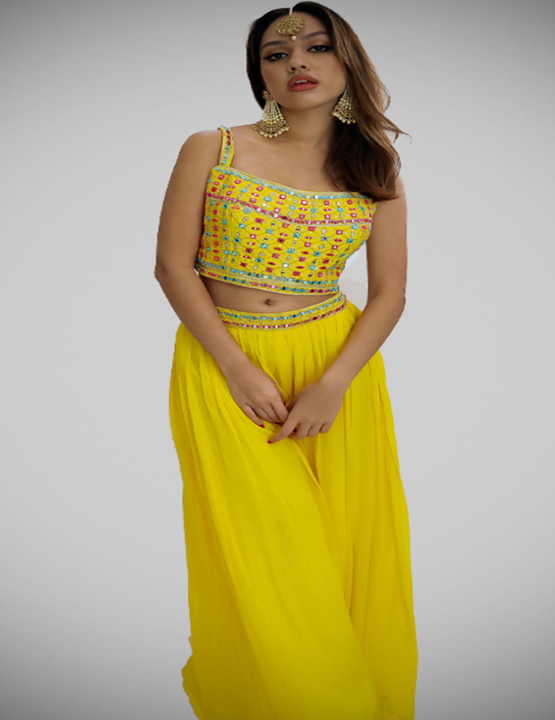 Yellow Mirror Work Sharara Set With Jacket