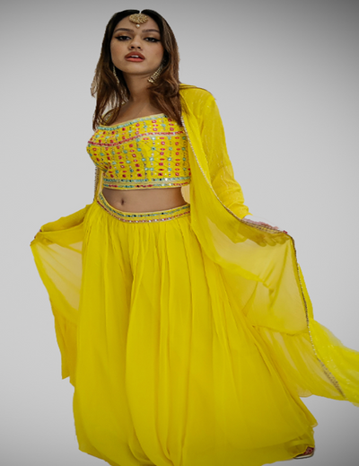 Yellow Mirror Work Sharara Set With Jacket