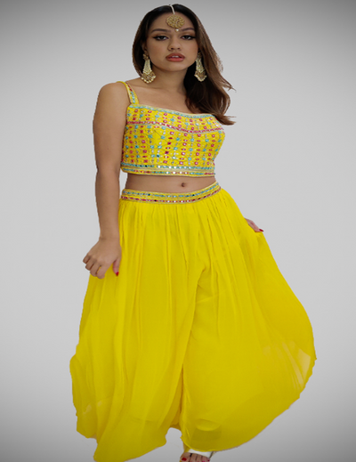 Yellow Mirror Work Sharara Set With Jacket