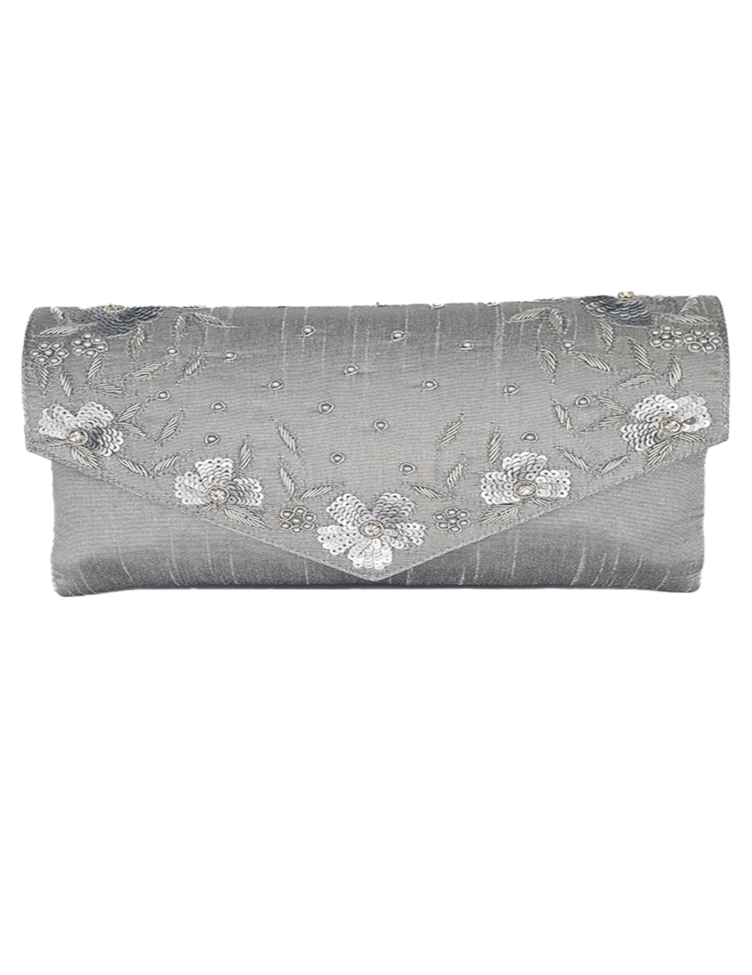 Grey/Silver Raw Silk Clutch With Zardozi Hand Embroidery