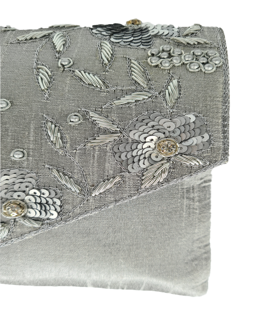 Grey/Silver Raw Silk Clutch With Zardozi Hand Embroidery