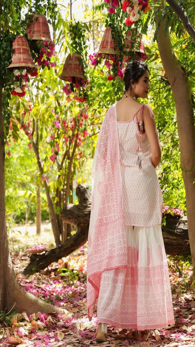 White & Pink Printed Sharara full set