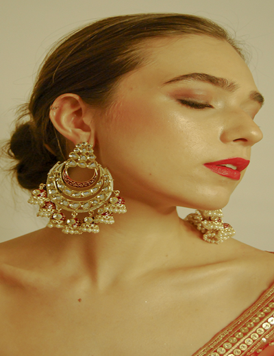 Gold and Red Chandbali Jhumka with Embellished White Stones in singapore