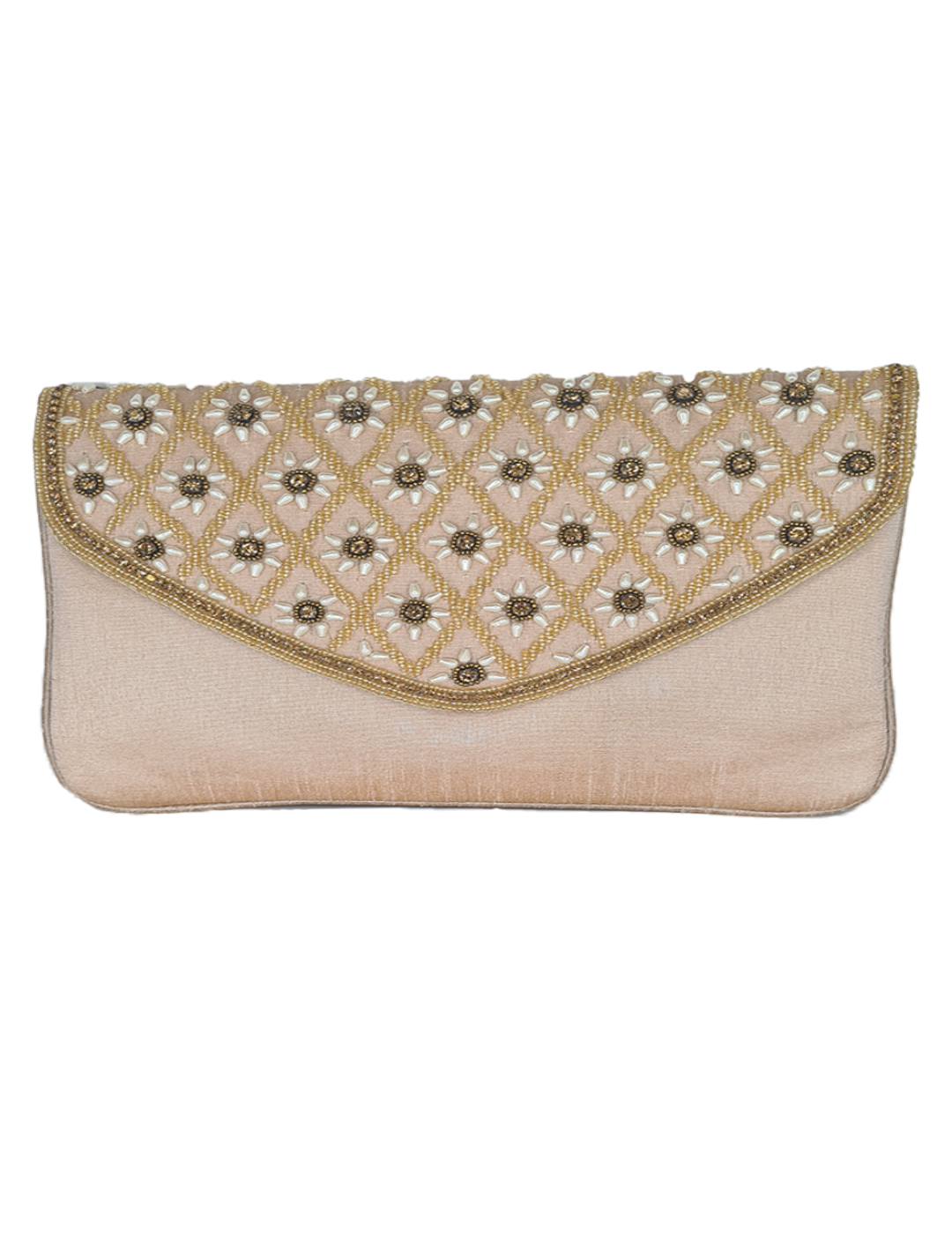 Beige Raw Silk Clutch With Beads & Sequins