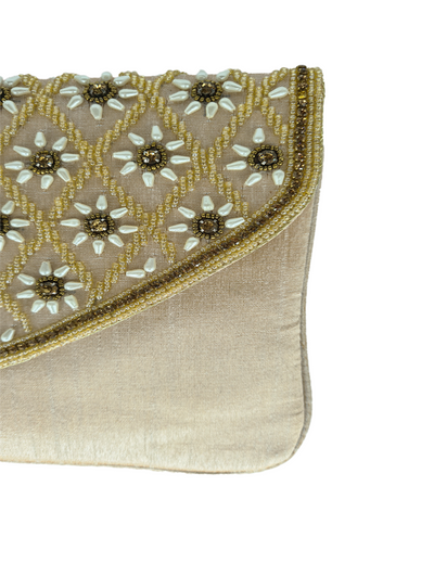 Beige Raw Silk Clutch With Beads & Sequins