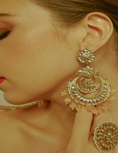 buy online Peach Silver Chandbali Earrings