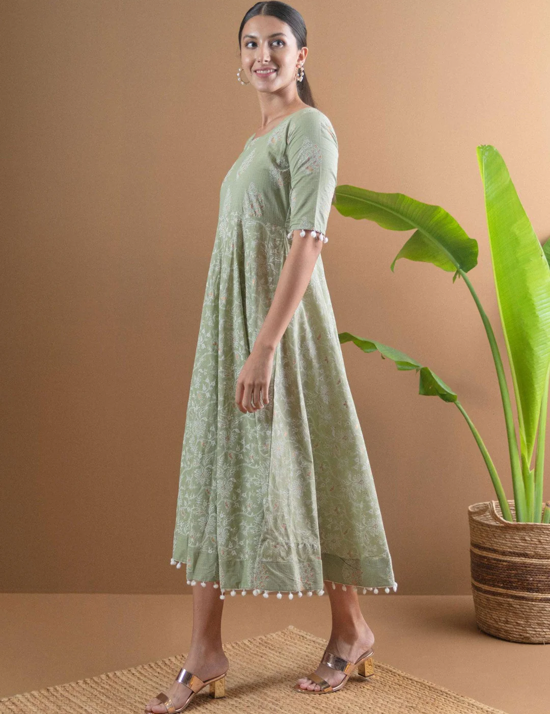 Green Cotton Printed Anarkali