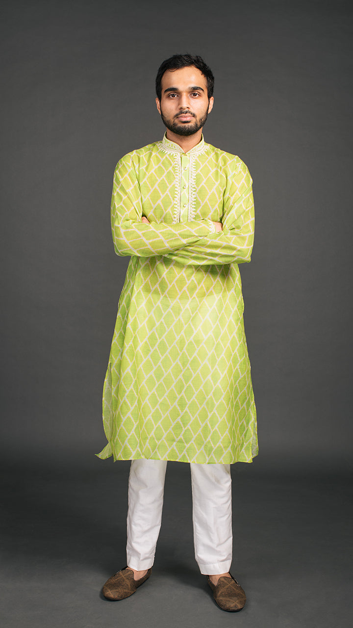 Lime Green Geometric Chanderi Kurta Set kurta online