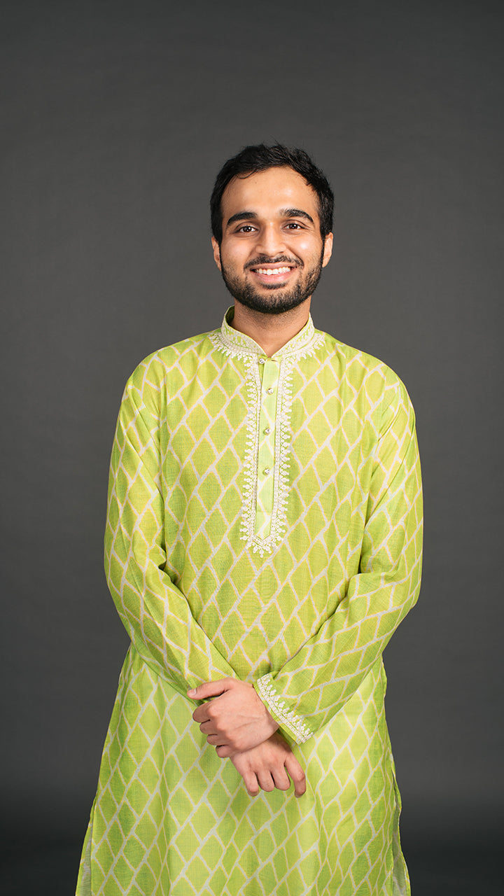 indian wear Lime Green Geometric Chanderi Kurta Set