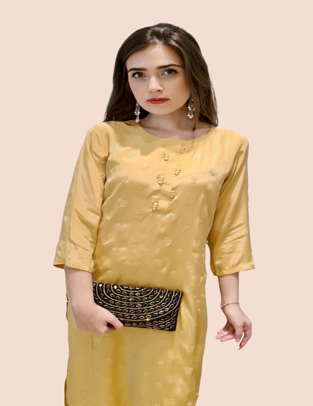 buy online Yellow Embroidery Straight Kurti