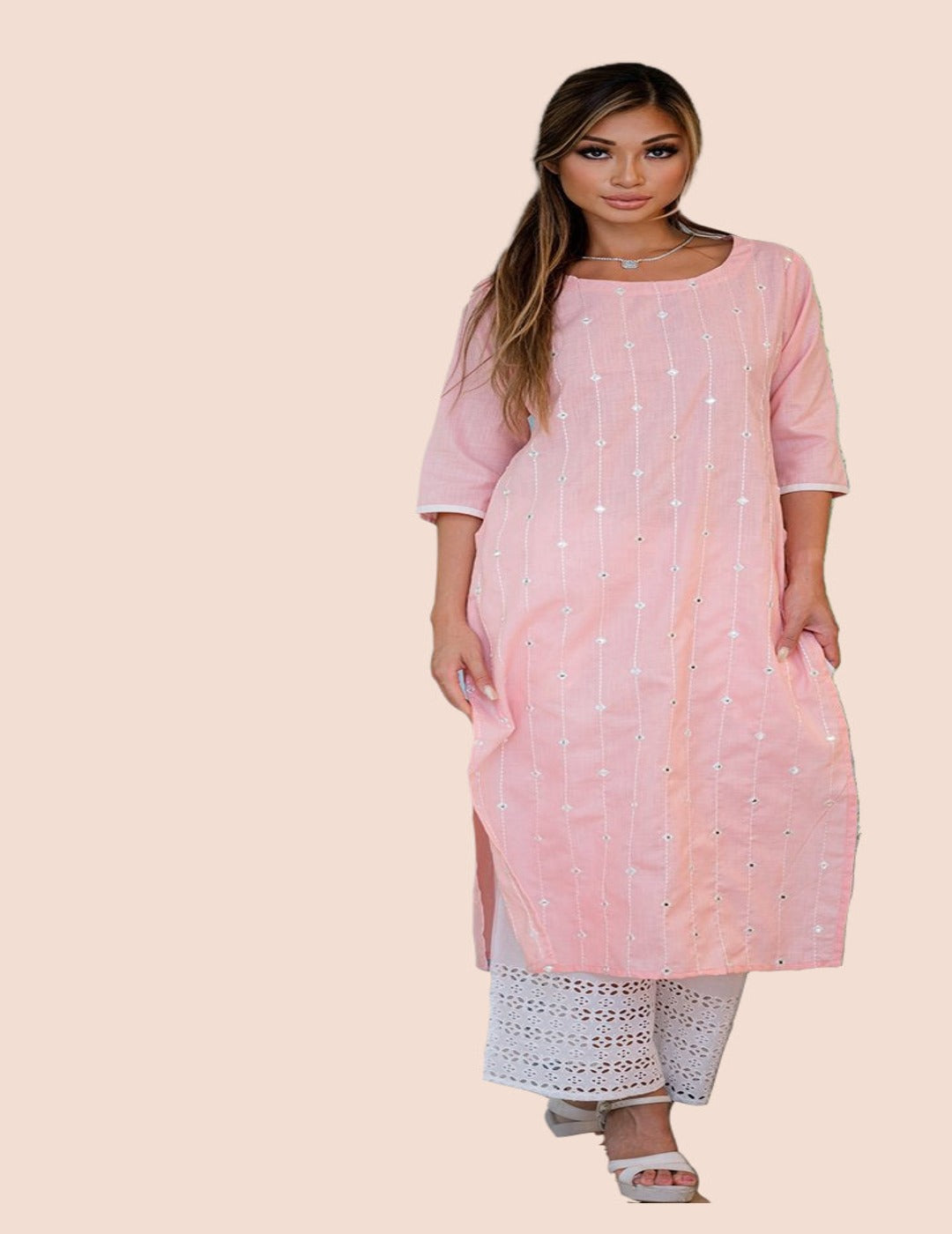 Pink Mirror Work Straight Kurti