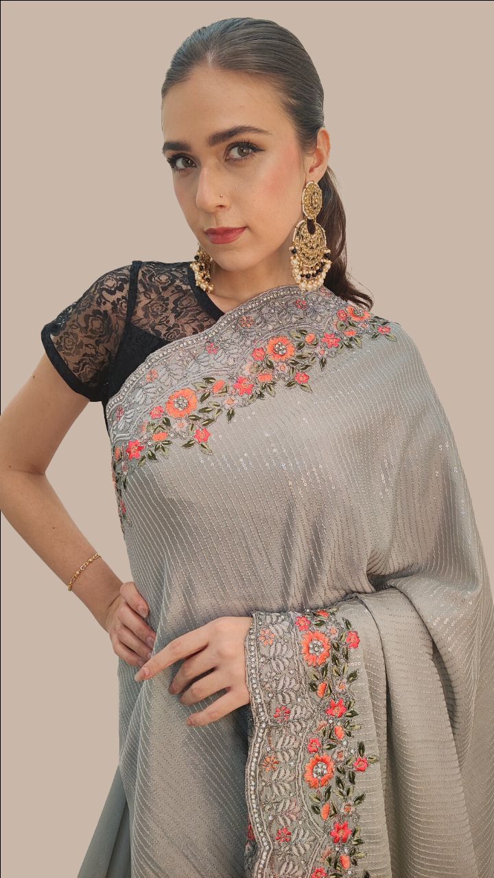 Grey Chinnon Saree With Shelf Shadow Sequence