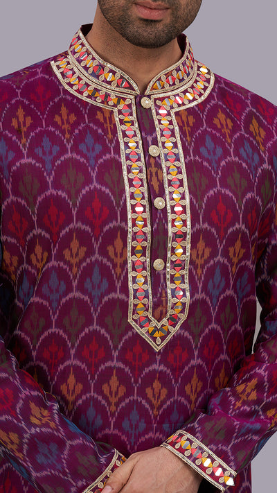 indian Multicolor Ikat Kurta With Gota Embroidery Set